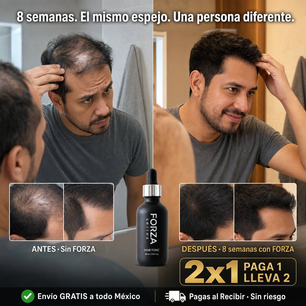 Hombre mirándose al espejo — transformación capilar con minoxidil FORZA