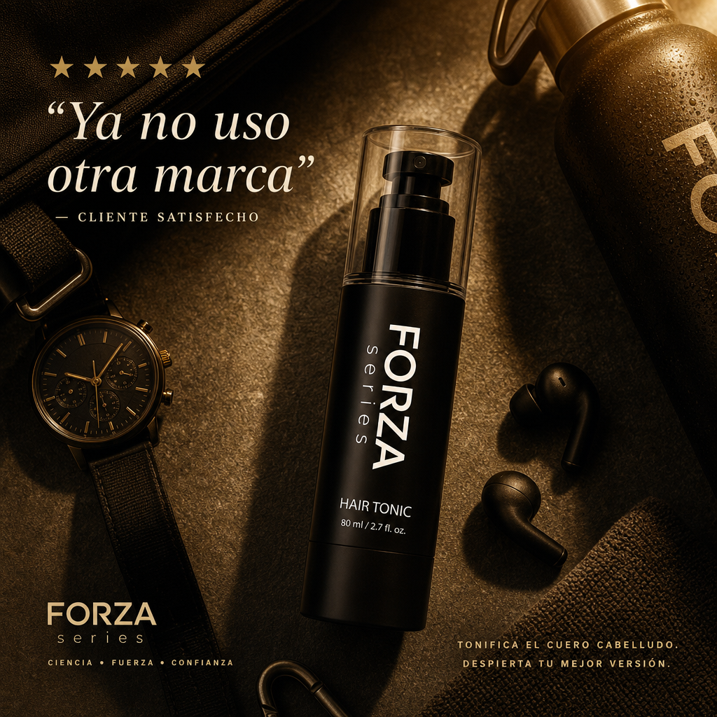 Frasco FORZA Hair Tonic minoxidil 5% con complejo botánico romero cafeína cúrcuma remedio caída cabello hombre