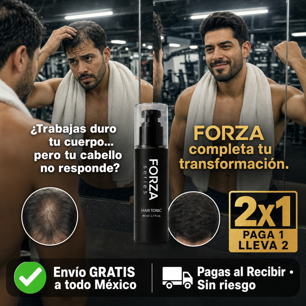 Frasco de tonico capilar FORZA con minoxidil 5% y complejo botanico para crecimiento del cabello en hombres con alopecia