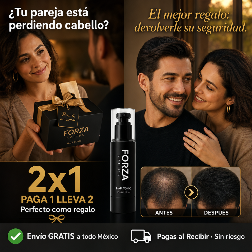 Hombre con alopecia por estrés mostrando caída de cabello, junto a botella de FORZA Hair Tonic minoxidil 5% con complejo botánico