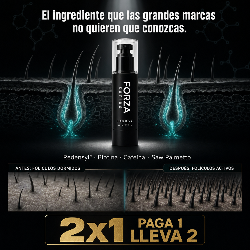 Botella de FORZA Hair Tonic minoxidil 5% con complejo botánico para medicamento caída cabello en hombres con alopecia androgenética