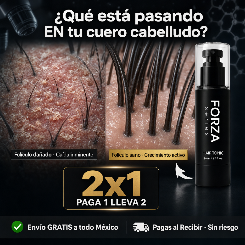 Hombre examinando caída de cabello; tónico capilar para tratamiento tópico en cuero cabelludo