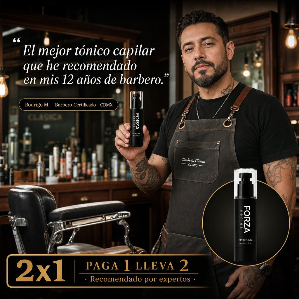 Frasco de FORZA Hair Tonic minoxidil 5% con complejo botánico para tratamiento de alopecia androgénica leve-moderada en hombres mexicanos